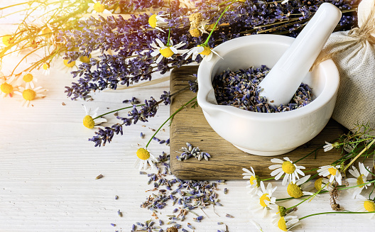 White mortar with Dry lavender flowers in on white wooden background. Herbal medicine