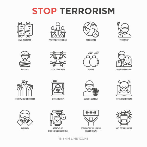 Stop terrorism thin line icons set: terrorist, civil disorder, national army, hostage, bombs, cyber attacks, suicide, bomber, illegal imprisonment, bioterrorism. Modern vector illustration. Stop terrorism thin line icons set: terrorist, civil disorder, national army, hostage, bombs, cyber attacks, suicide, bomber, illegal imprisonment, bioterrorism. Modern vector illustration. chemical weapons stock illustrations