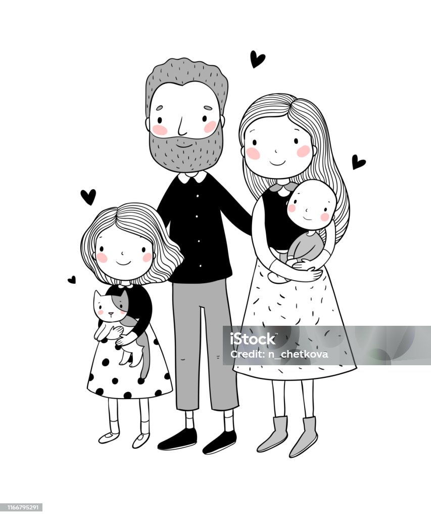 A happy family. Parents with children. Cute cartoon dad, mom, daughter, son and baby. Funny pet cat and dog Vector illustration Baby - Human Age stock vector