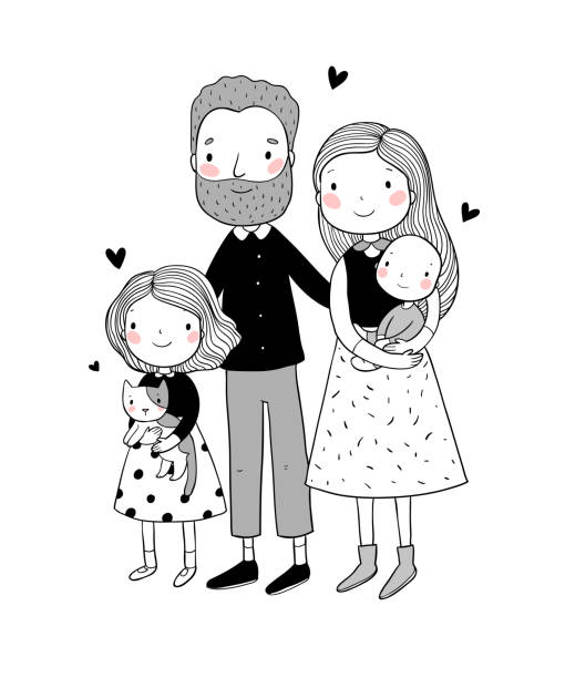 A Happy Family Parents With Children Cute Cartoon Dad Mom Daughter Son And  Baby Funny Pet Cat And Dog Stock Illustration - Download Image Now - iStock