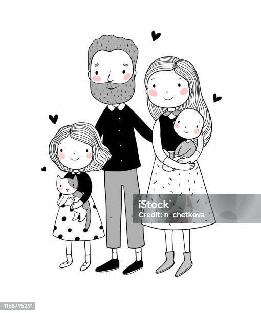 A Happy Family Parents With Children Cute Cartoon Dad Mom Daughter Son And Baby Funny Pet Cat And Dog Stock Illustration - Download Image Now