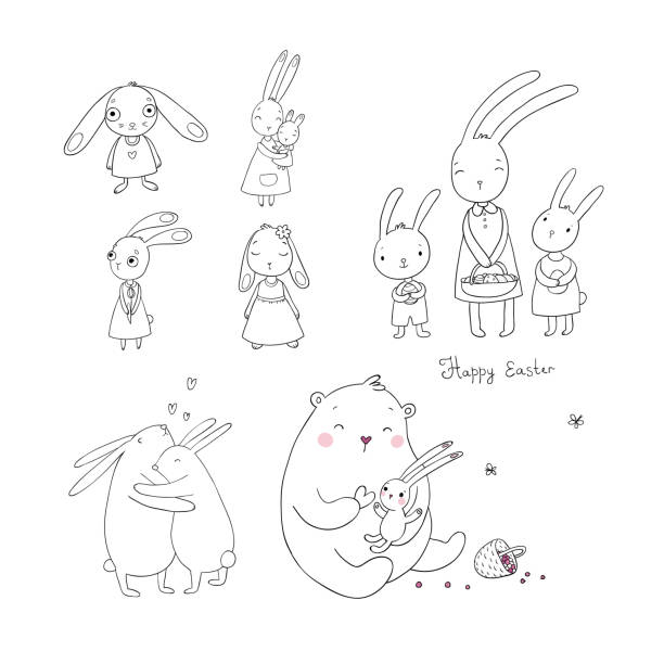 illustrations, cliparts, dessins animés et icônes de lièvres mignons de dessin animé et un ours. lapins de pâques. animaux drôles - fluffy bear cute friendship