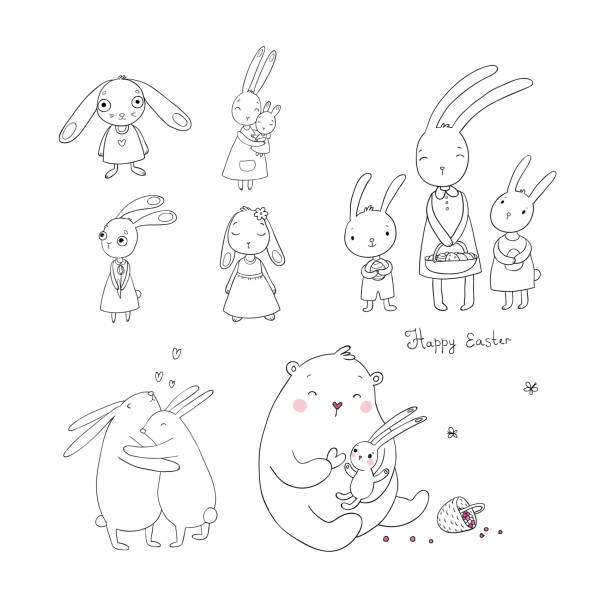 ilustrações de stock, clip art, desenhos animados e ícones de cute cartoon hares and a bear. easter bunnies. funny animals - fluffy bear cute friendship