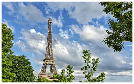 Panorama Eiffel Tower in Paris. France. Vintage view. Tour Eiffel old retro style. 