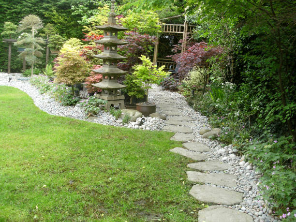 istock Image of stepping stones pathway in garden featuring Japanese elements, featuring granite pagoda and lanterns, bamboo, pebbles, bonsai and Japanese maples (acers) 1166799427