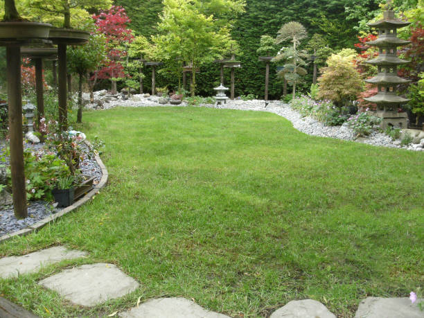 istock Image of stepping stones pathway in garden featuring Japanese elements, featuring granite pagoda and lanterns, bamboo, pebbles, bonsai and Japanese maples (acers) 1166799441