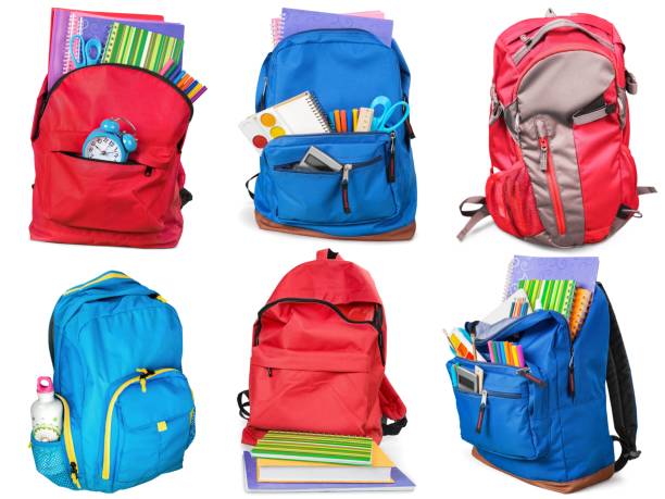 School. Colorful school supplies in backpack, collage on backpack stock pictures, royalty-free photos & images
