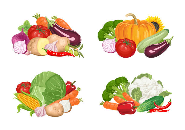 Set of banners with heaps of vegetables on white background. Set of banners with heaps of vegetables on white background. Vector illustration in cartoon flat style. Design for kitchen, restaurant, grocery store, menu. cauliflower nutrition stock illustrations
