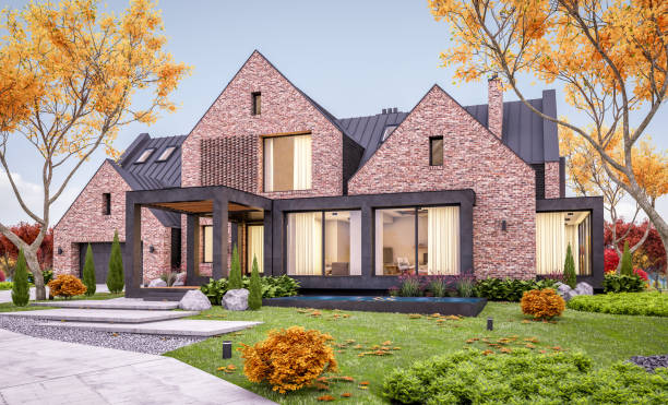 istock 3d rendering of modern clinker house on the ponds with pool in autumn evening 1166802587