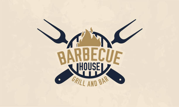 Barbecue house logo template. BBQ, barbecue, grill and bar logo, label, badge. Vector illustratin Vector illustration chef cooking flames stock illustrations