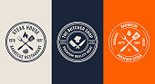 Set of 3 Barbecue logos. BBQ template menu design. Vintage Restaurant emblems. Trendy design. Vector illustration