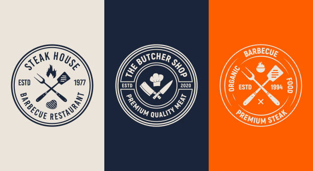 bộ 3 logo barbecue. thiết kế thực đơn mẫu bbq. biểu tượng nhà hàng vintage. thiết kế hợp thời trang. minh họa vectơ - logo hình minh họa sẵn có