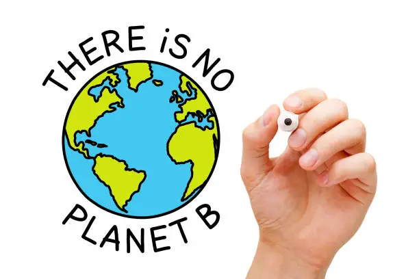 Hand drawing There Is No Planet B environmental concept with marker on transparent wipe board isolated on white.