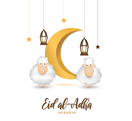 Eid Al Adha mubarak greeting card with cute sheep, moon, lantern and stars. Vector