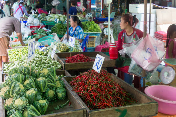 gemüsestand auf dem khlong toei markt in bangkok, thailand - khlong toei stock-fotos und bilder