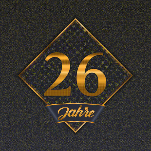 Inscription in German. golden number twenty-six years (number 26 years) dotted font, top view, with dark zero and one background. With alpha channel. Translated from the German - years. 3D illustration