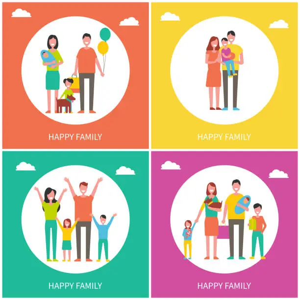 Vector illustration of Happy Family Posters Text Set Vector Illustration