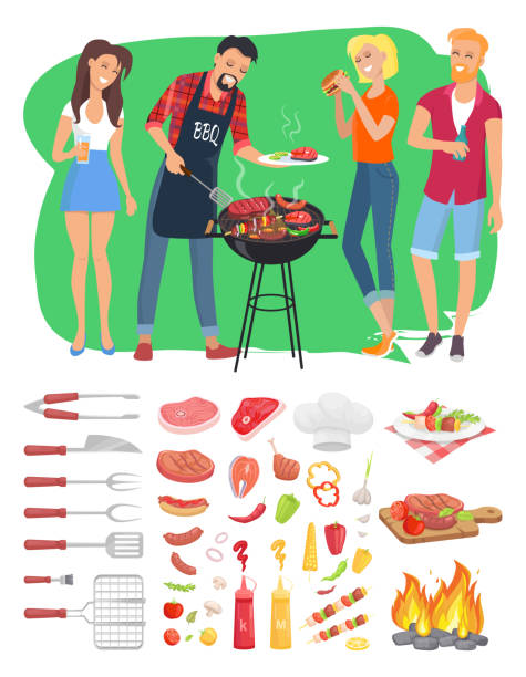 illustrazioni stock, clip art, cartoni animati e icone di tendenza di barbecue persone e strumenti illustrazione vettoriale - cooked barbecue eating serving