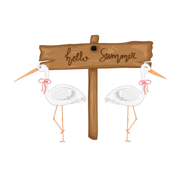Vector illustration of Herons near wooden signboard with the inscription 