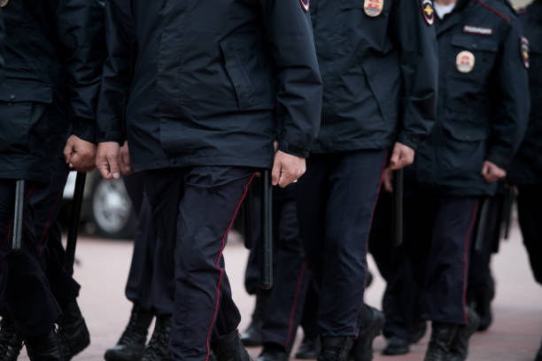 istock Russian police squad formation back view with 1166812379