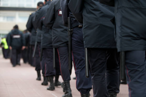 istock Russian police squad formation back view with 1166812578