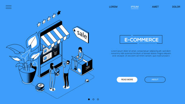 전자 상거래 - 라인 디자인 스타일 아이소메트릭 웹 배너 - laptop retail e commerce store stock illustrations