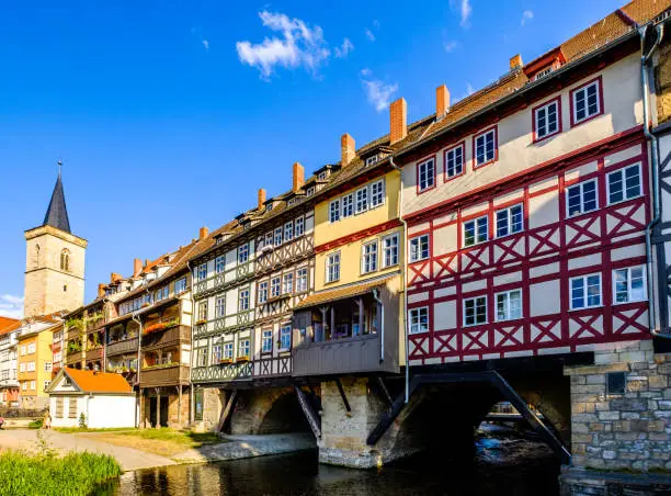 famous kramerbridge with historic facades in erfurt - germany
