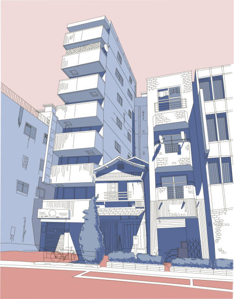 Tokio cityscape vector illustration blue and pink color hand art Tokio cityscape vector illustration hand drawing blue and pink tokyo streets stock illustrations