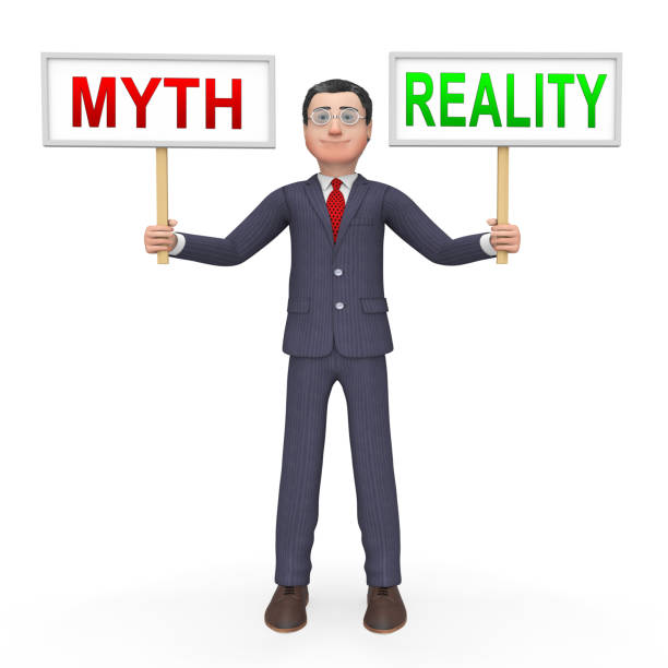 istock Myth Vs Reality Businessman Demonstrating Authenticity Versus False Facts - 3d Illustration 1166817241