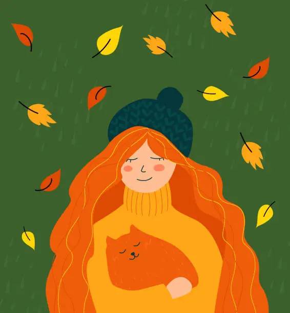 Vector illustration of Autumn illustration with cute woman with a red cat in her arms.