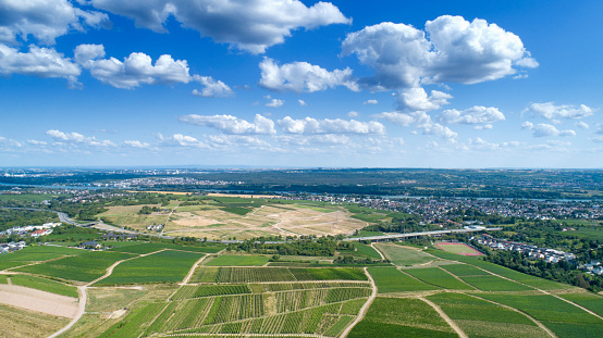 Panoramic aerial view of Rheingau Taunus area, River Rhine, Wiesbaden and Mainz, Germany