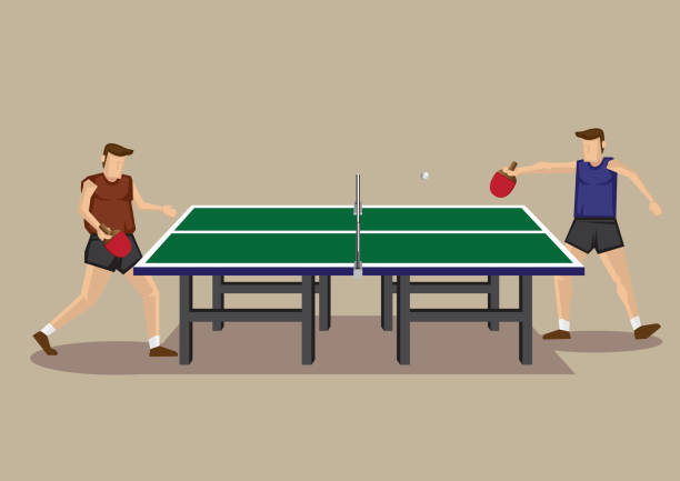 Table Tennis Game Vector Cartoon Illustration Vector illustration of two players playing table tennis game at green table tennis table in side view isolated on neutral background. ping pong table stock illustrations
