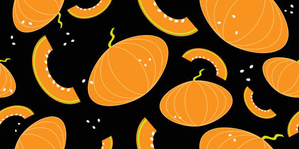 istock Seamless pattern of whole and cut pumpkins with seeds, Halloween and Thanksgiving concept 1166824969