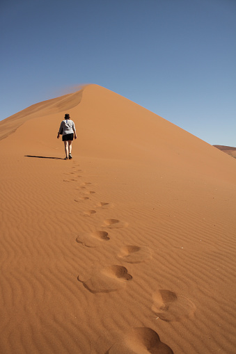 Full frame of sunrise casting shadows over uniquely smooth shaped golden desert sand dunes in Western Australia.