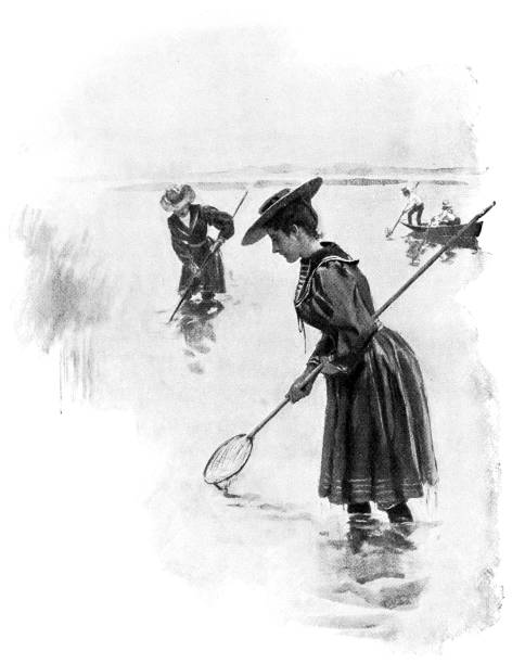 menschen beim fischen nach krebsen im shark river in new jersey, vereinigte staaten - 19. jahrhundert - engraving rural scene engraved image men stock-grafiken, -clipart, -cartoons und -symbole