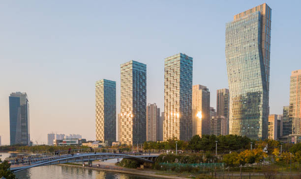 sunset at songdo central park.incheon,South Korea sunset at songdo central park.incheon,South Korea incheon stock pictures, royalty-free photos & images