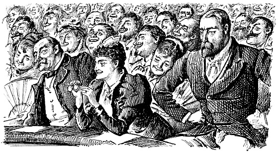 Audience watching a performance at a stage theater in New York City, New York, USA. Vintage etching circa late 19th century.