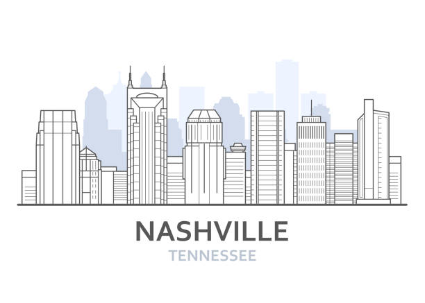 Nashville city skyline, Tennessee - cityscape of Nashville, skyline of downtown, lineart Nashville city skyline, Tennessee - cityscape of Nashville, skyline of downtown, lineart nashville stock illustrations