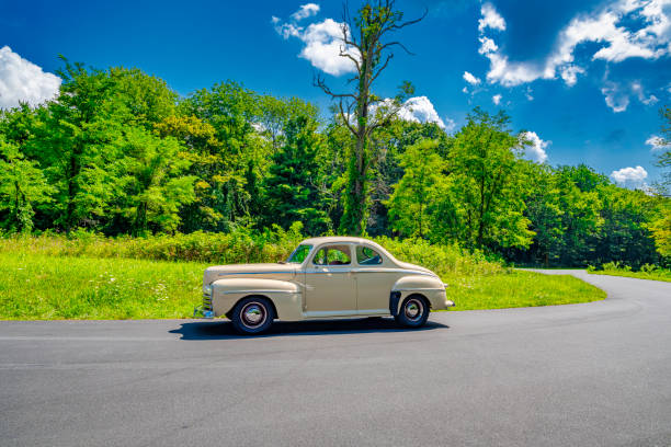 istock Classic car stopped on skyline drive 1166840024