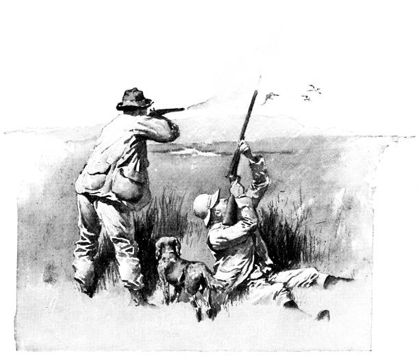 Duck Hunting in North Dakota, United States - 19th Century Duck hunting in North Dakota, USA. Vintage etching circa late 19th century. two men hunting stock illustrations