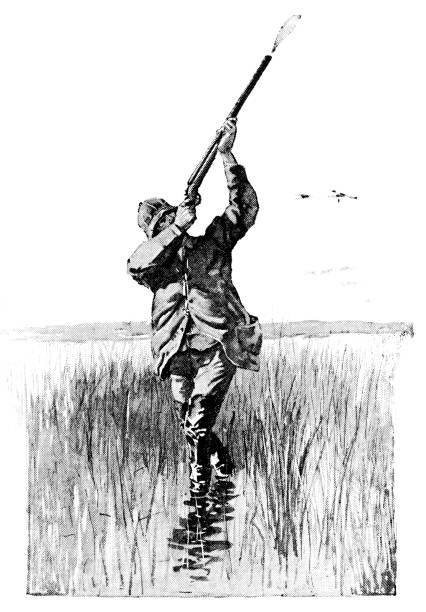 A man duck hunting in North Dakota, USA. Vintage etching circa late 19th century.