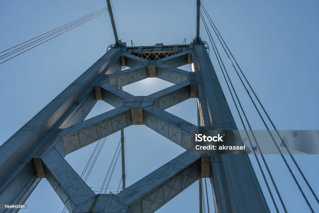 Closeup of the Bay Bridge tower in San Francisco from below, Northern California Oakland - California Stock Photo