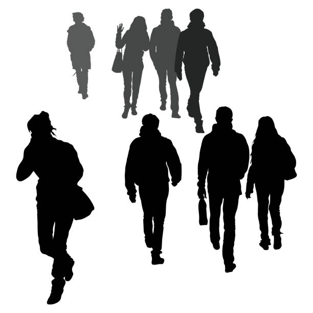 Vector silhouettes of passers-by, people go towards each other, walking, men and women return from work. Hasty and leisurely gait. Talking on the phone on the road