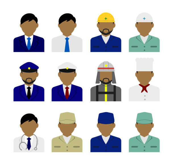 junge männliche arbeiter avatar flache illustration (oberkörper) set (person in einem kostüm) - lokführer stock-grafiken, -clipart, -cartoons und -symbole