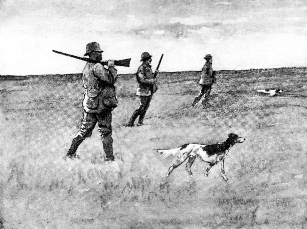 Three men duck hunting in North Dakota, USA. Vintage etching circa late 19th century.