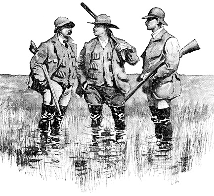 Three men duck hunting in North Dakota, USA. Vintage etching circa late 19th century.