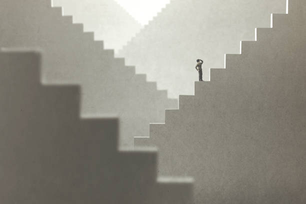 surreal concept of a man rising stairs to try to reach the top - challenge imagens e fotografias de stock