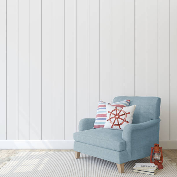 istock Interior with blue armchair near empty white wall. 3d render. 1166847105