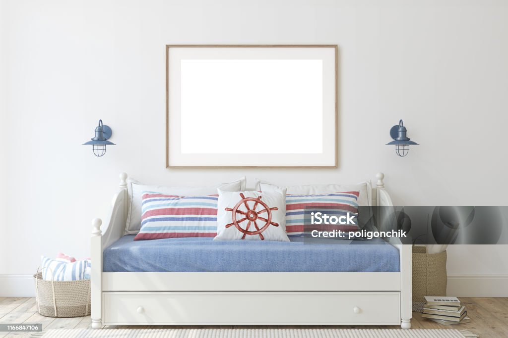 Kids room in coastal style. 3d render. Kids room in coastal style. Daybed near white wall. Wooden frame on the wall. 3d render. Domestic Room Stock Photo