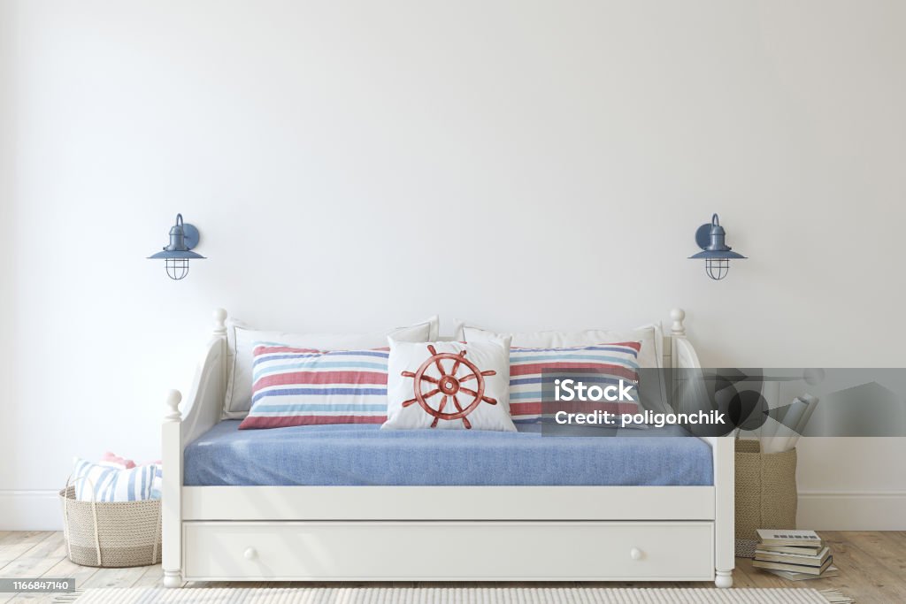 Kids room in coastal style. 3d render. Kids room in coastal style. Daybed near empty white wall. Interior mockup. 3d render. Chaise Longue Stock Photo